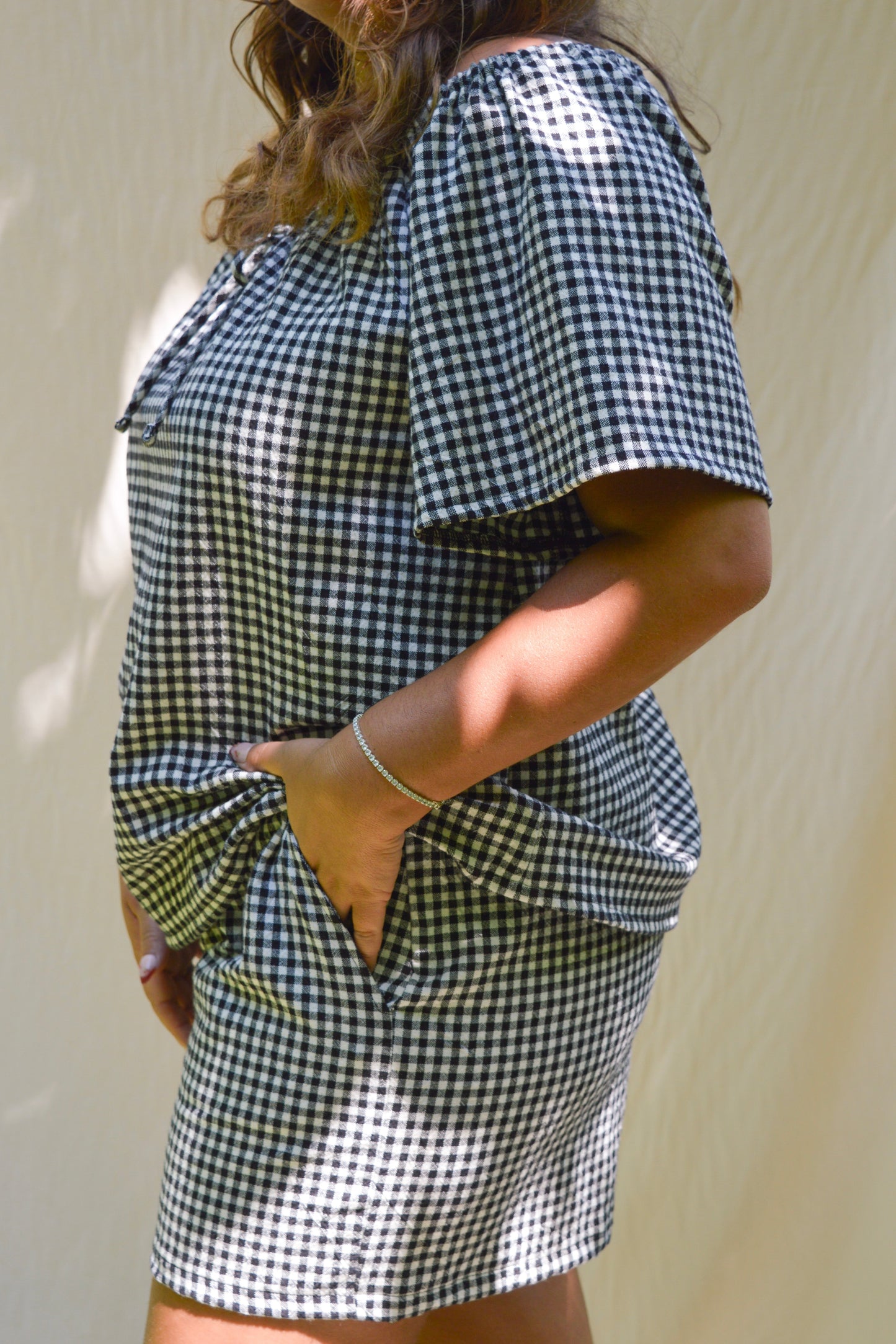 Solace - Black and white gingham peasant blouse