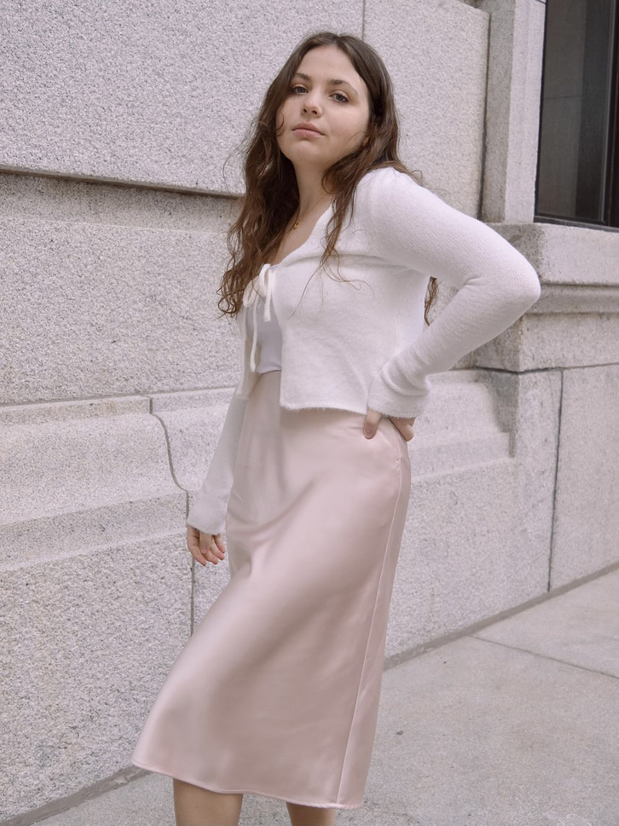 Aura - Light Pink Satin Midi Skirt