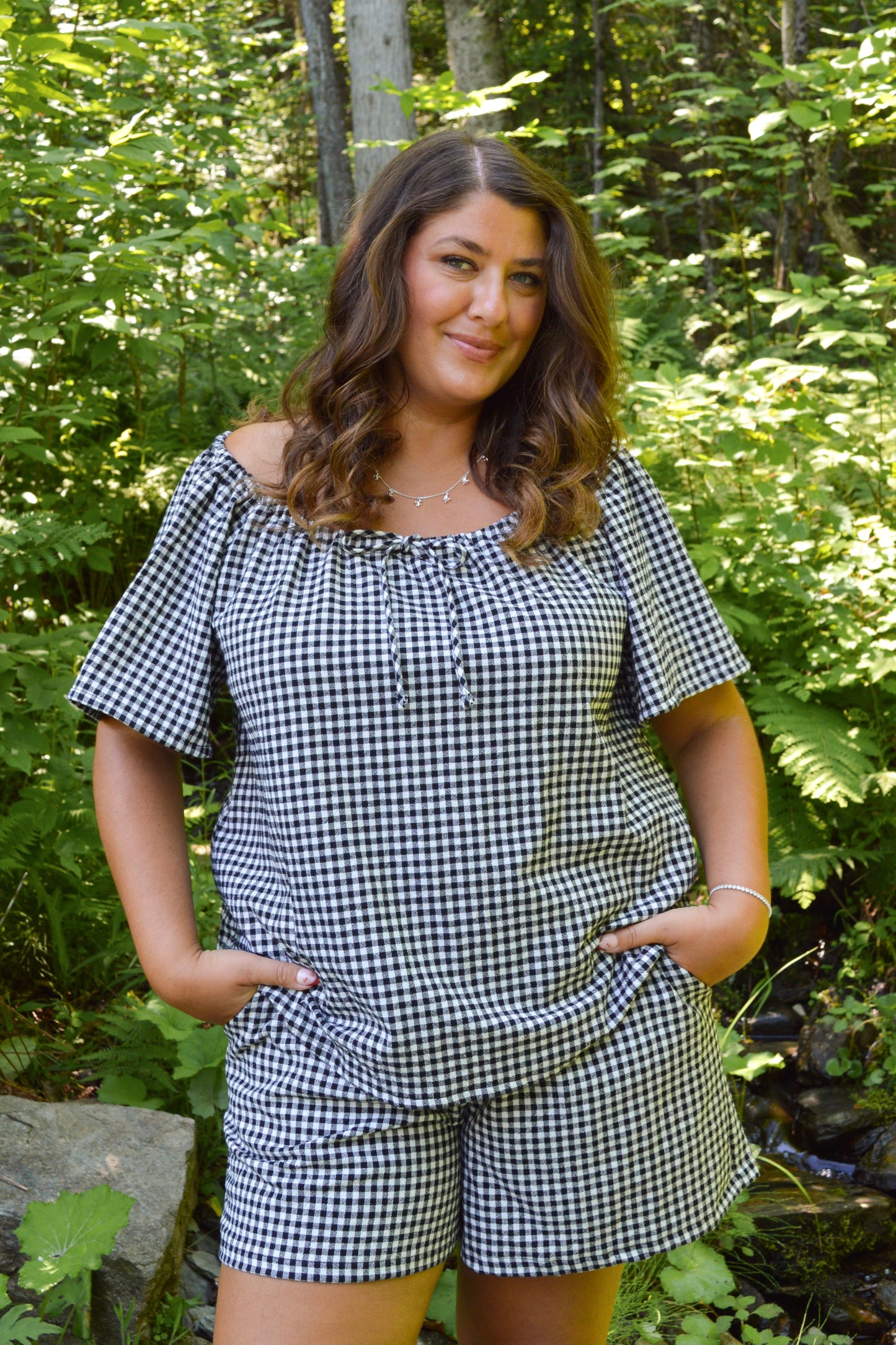 Solace - Black and white gingham peasant blouse