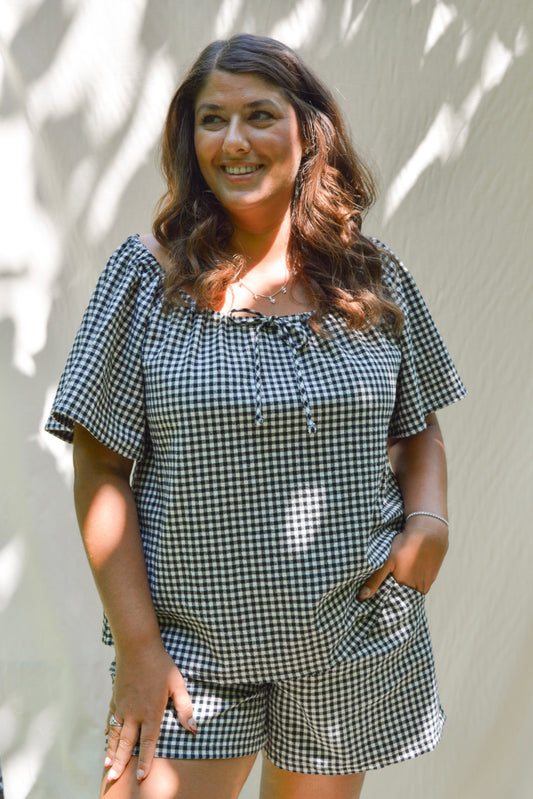 Solace - Blouse paysanne à carreaux noirs et blancs