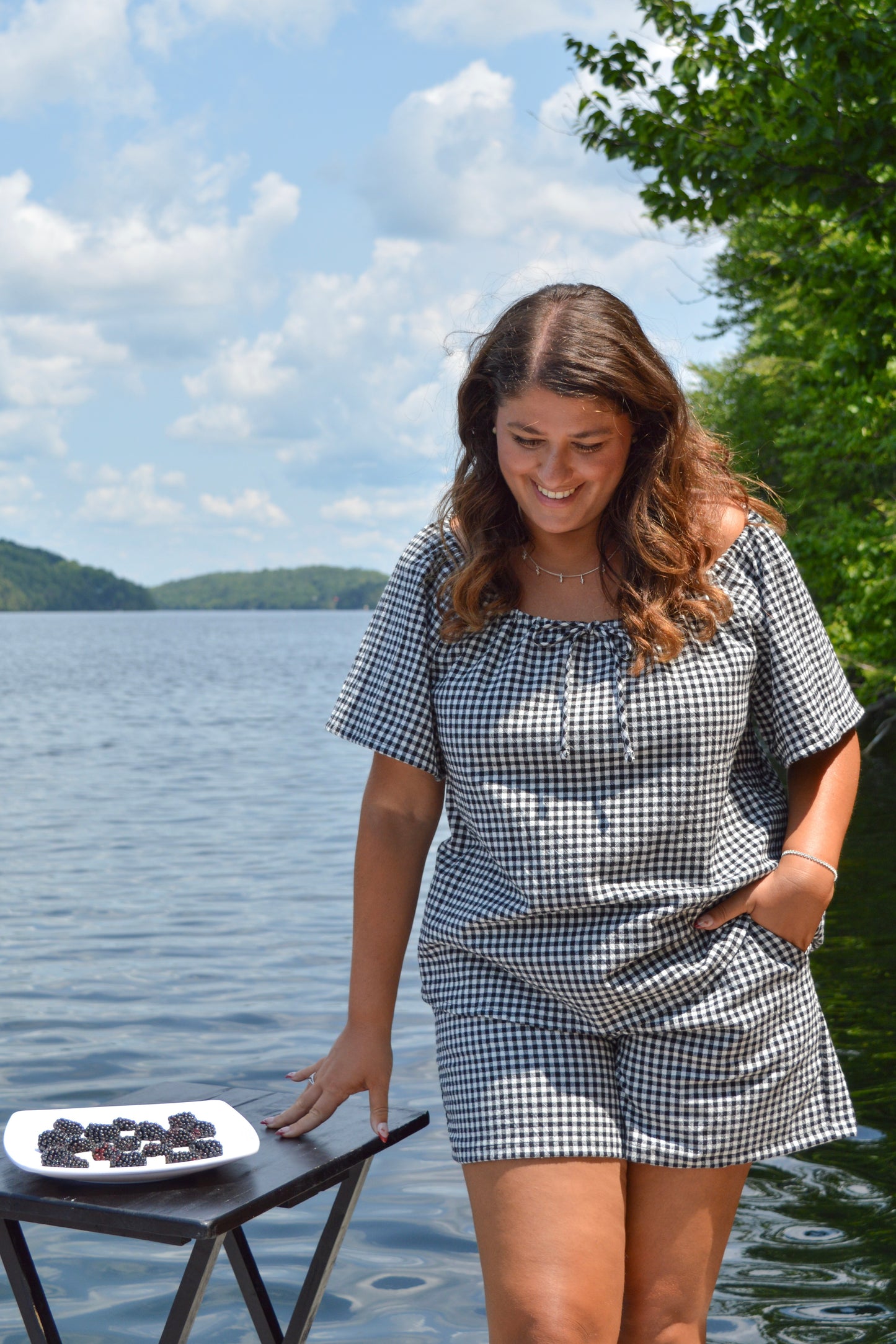 Solace - Black and white gingham peasant blouse