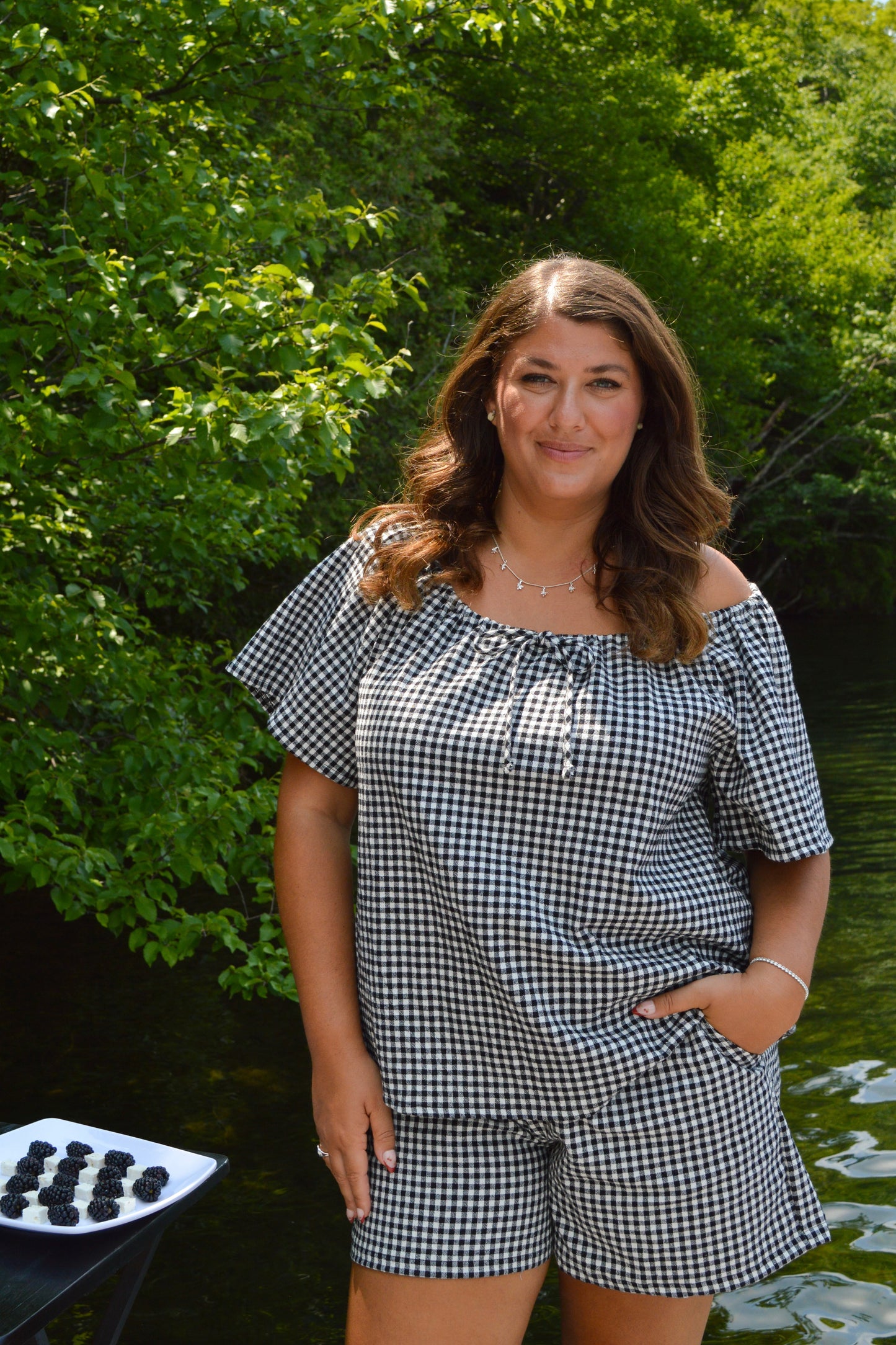 Solace - Black and white gingham peasant blouse