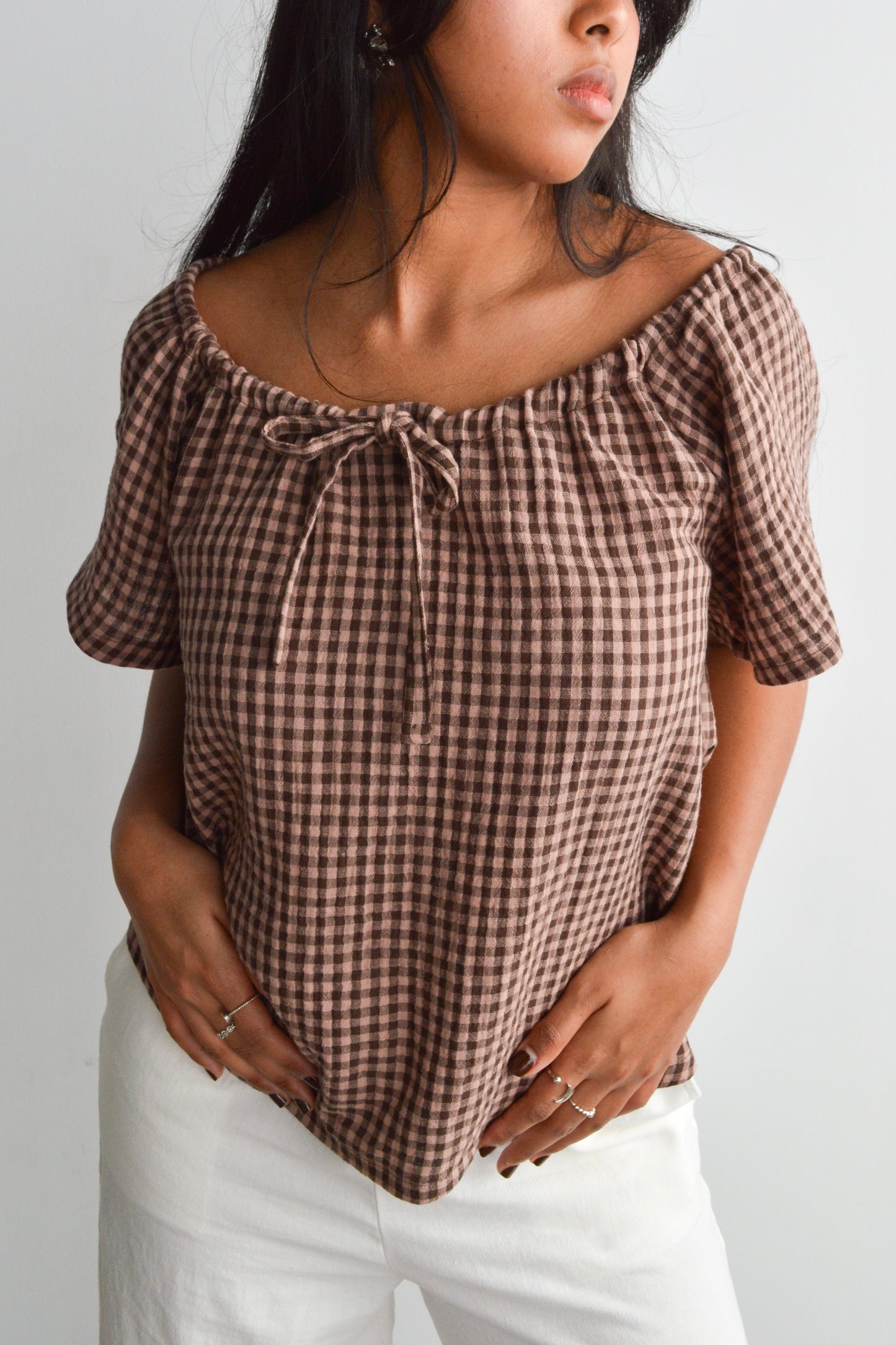 Solace - Blouse paysanne à carreaux roses et bruns