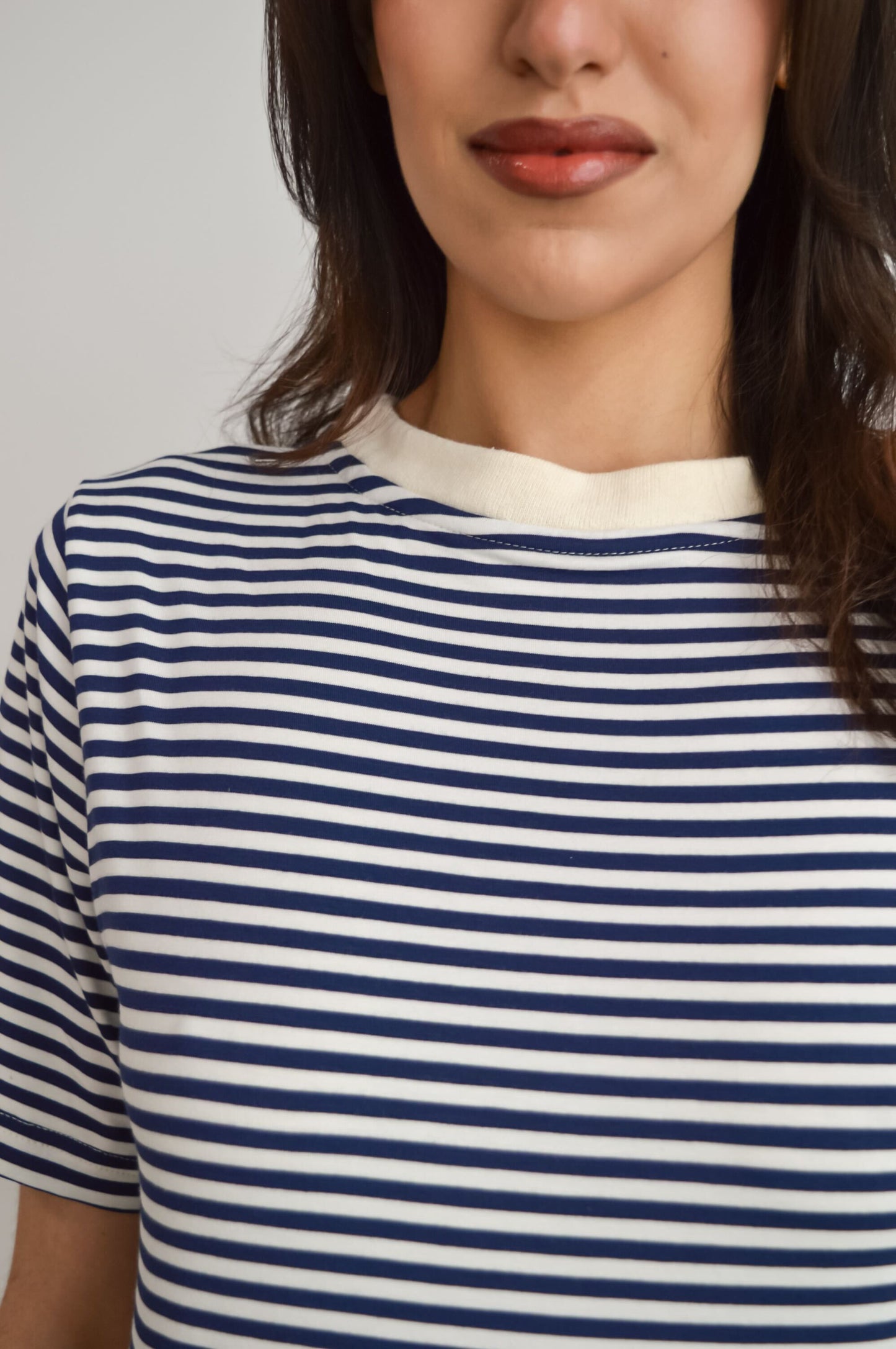 Marina - Navy blue bamboo striped t-shirt dress with round neck