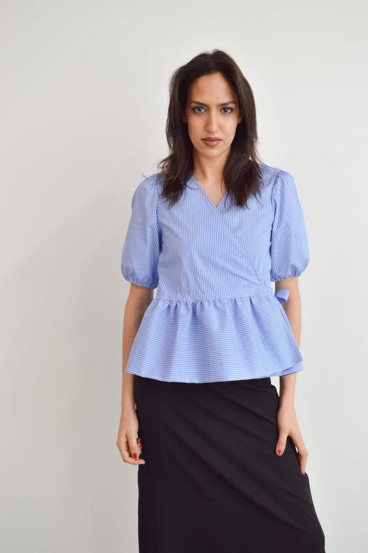 Livia - Blue Striped Adjustable Puff Sleeve Blouse