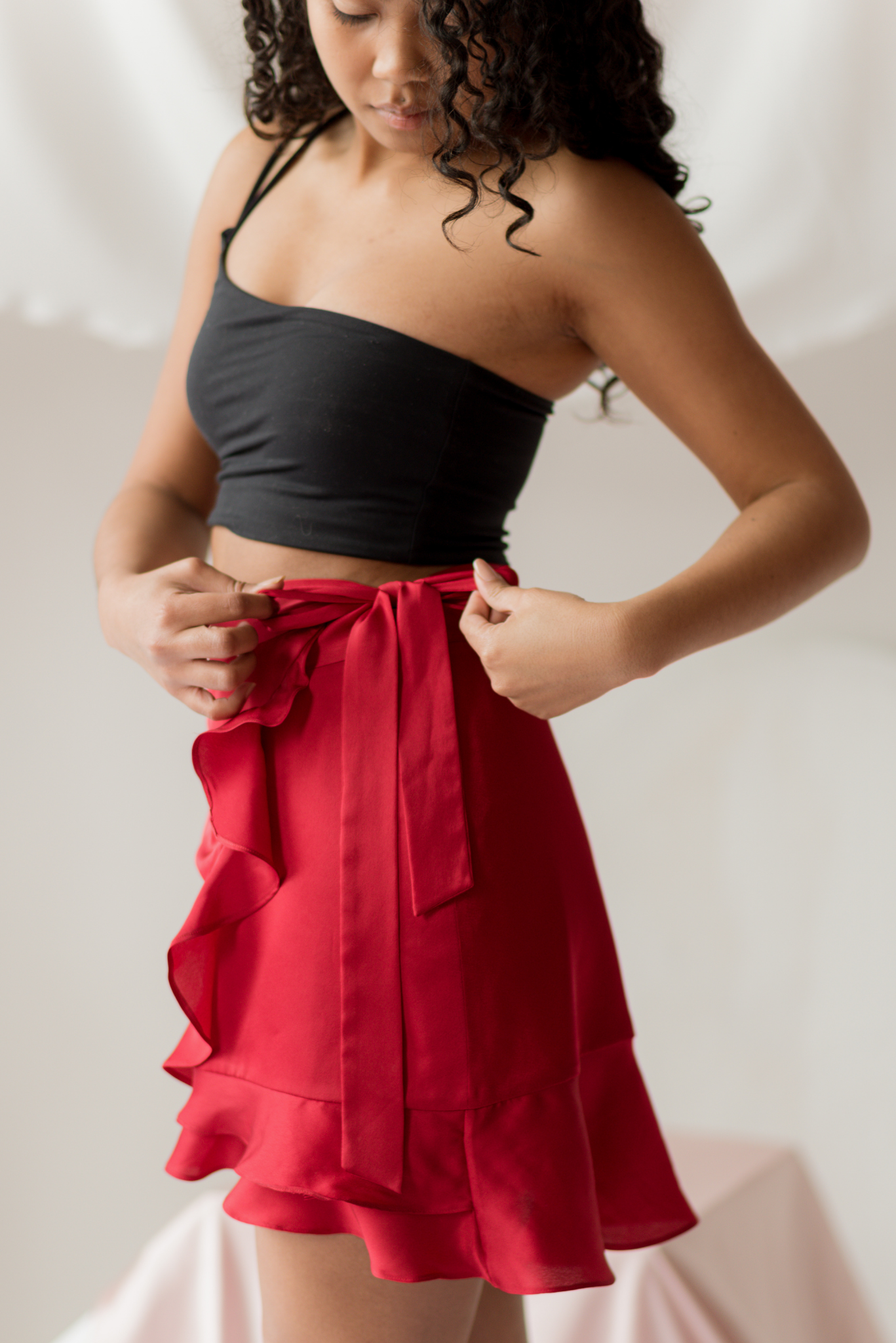 Sensuality - Red satin wrap skirt with ruffles