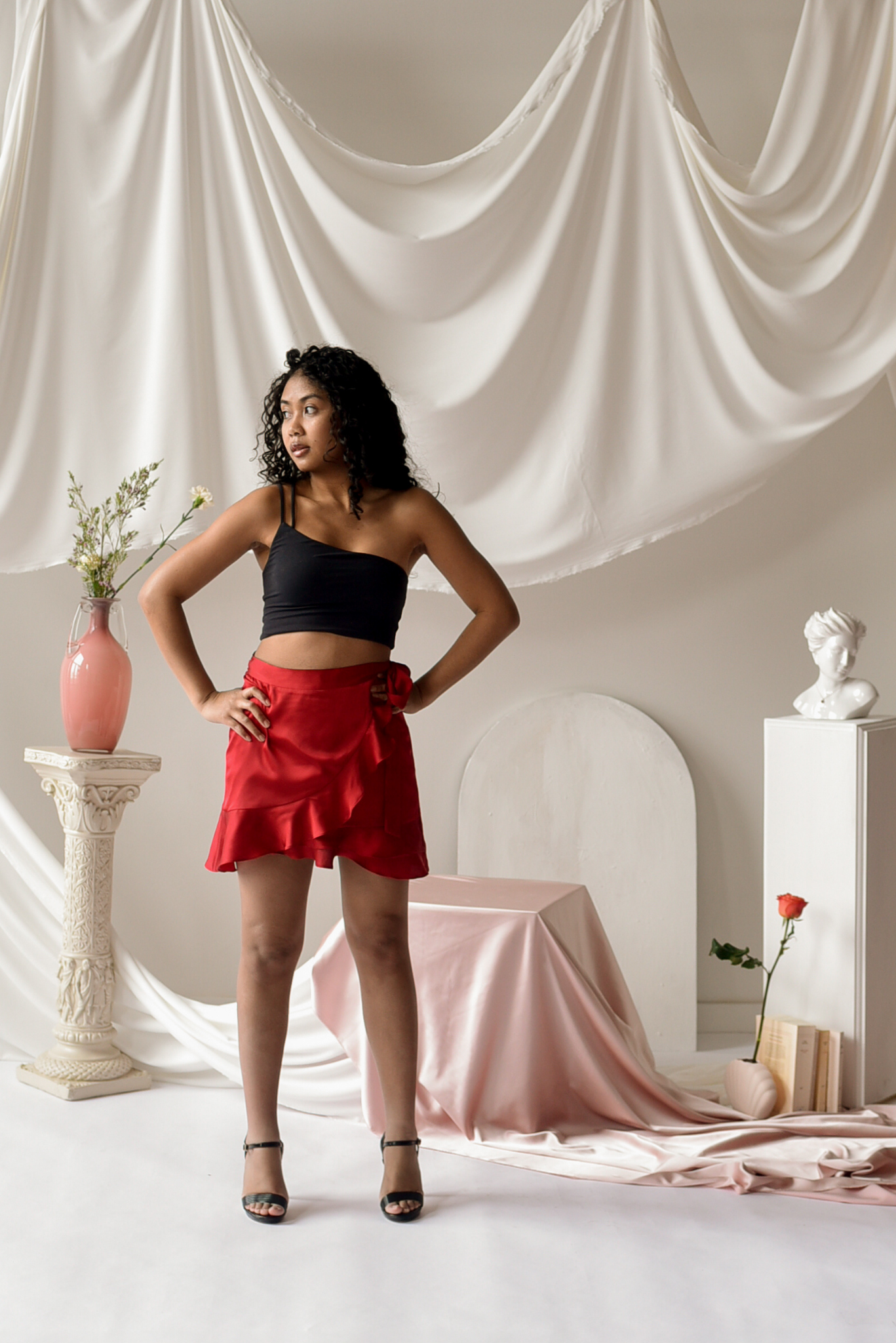 Sensuality - Red satin wrap skirt with ruffles
